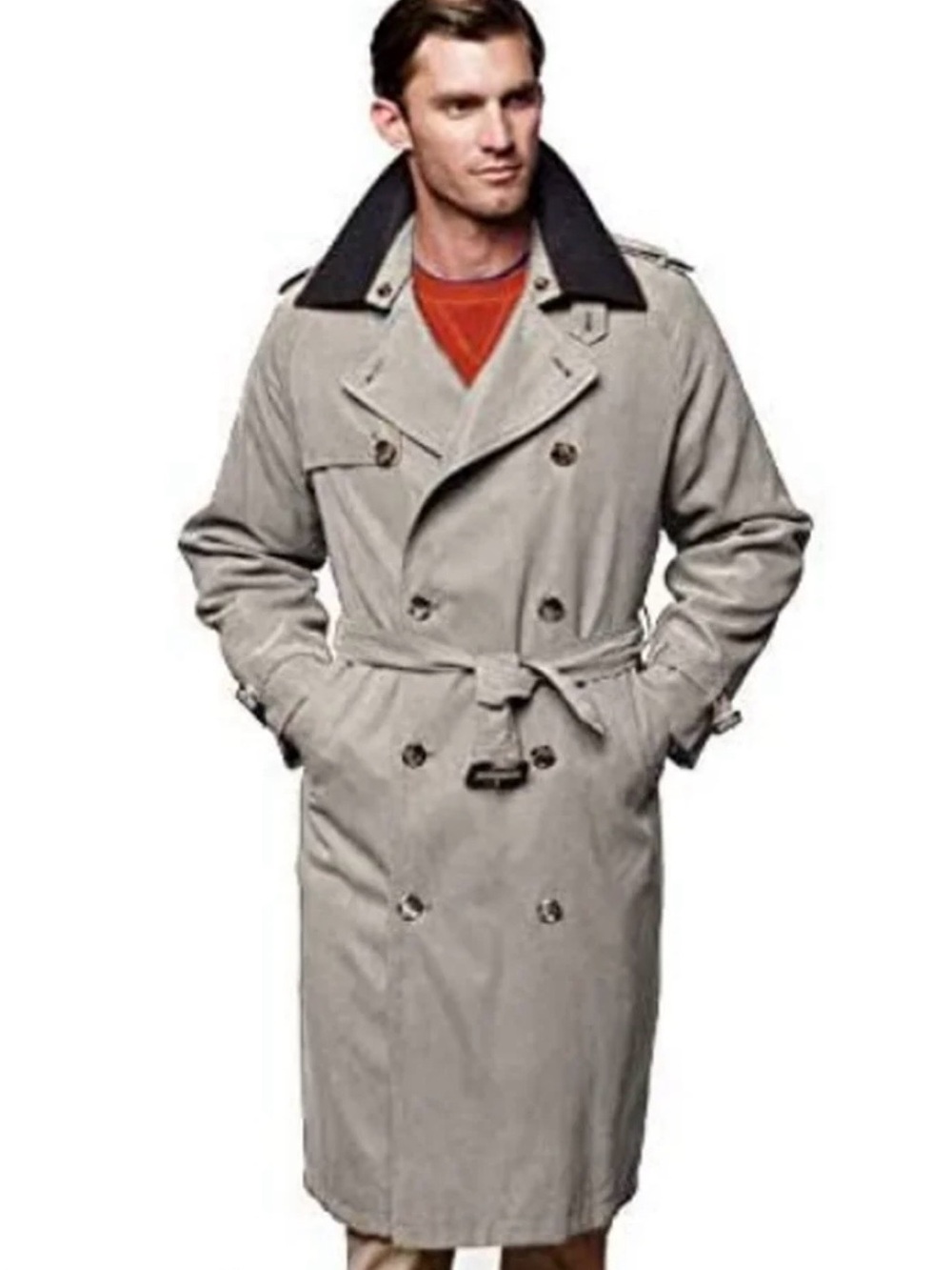 London Fog Men's Light Gray Double-Breasted Trench with Contrast Dark Collar